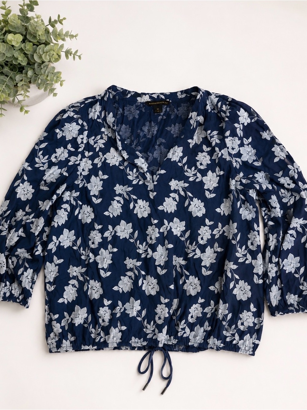 Counterparts Navy Floral V-Neck Drawstring Blouse